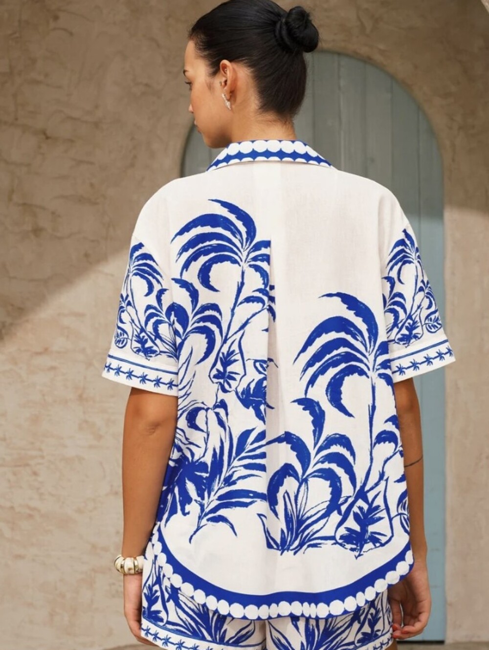 Commense Shirt + Shorts Palm Tree Print 2-PC Set Blue M NWT - Picture 2 of 5